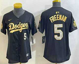 Womens Los Mens Los Angeles Dodgers #5 Freddie Freeman Black Gold 2024 World Series 34 Patch Stitched Cool Base Jersey